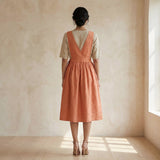 Peach Cotton Flax V-Neck Pinafore Midi Wrap Dress
