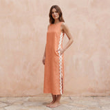 Peach Cotton Flax Wavy Stripe Maxi Shift Dress