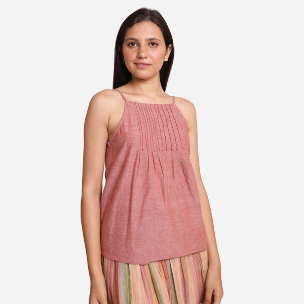 Front View of a Model wearing Peach Cotton Spaghetti Flared Top