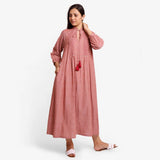 Front View of a Model wearing Peach A-Line Mangalgiri Cotton Dress