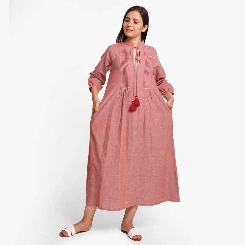 Front View of a Model wearing Peach A-Line Mangalgiri Cotton Dress