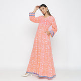 Peach Paisley Block Print Cotton Floor Length Boho Dress