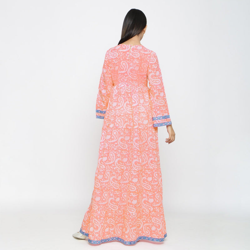 Peach Paisley Block Print Cotton Floor Length Boho Dress
