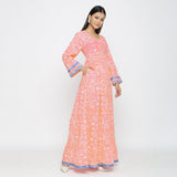Peach Paisley Block Print Cotton Floor Length Boho Dress