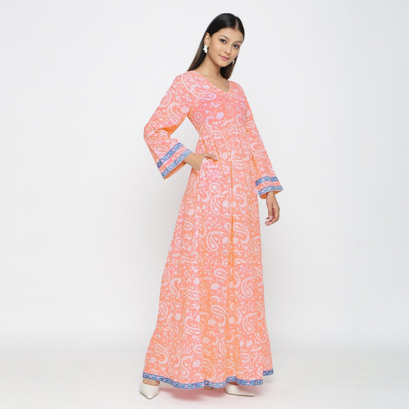 Peach Paisley Block Print Cotton Floor Length Boho Dress