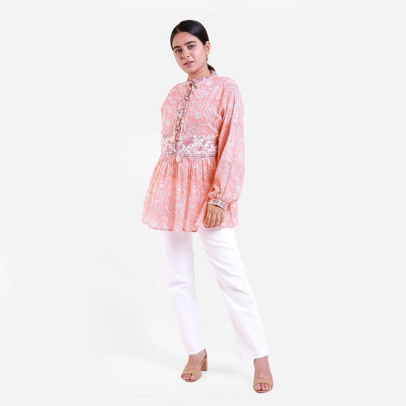 Front View of a Model wearing Peach Paisley Cotton Block Print Gathered Top