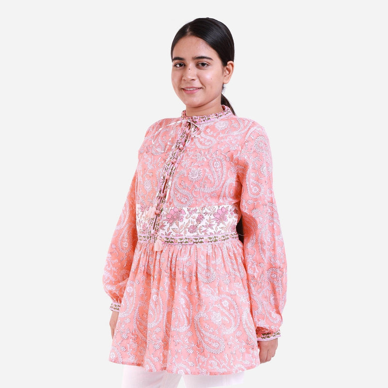 Front View of a Model wearing Peach Paisley Mandarin Collar Top