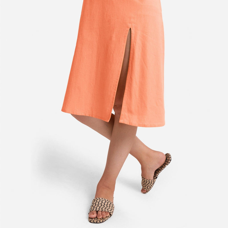 Peach Strappy Cotton Flax Knee Length Slit Dress