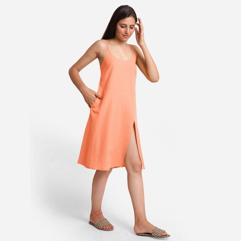 Peach Strappy Cotton Flax Knee Length Slit Dress