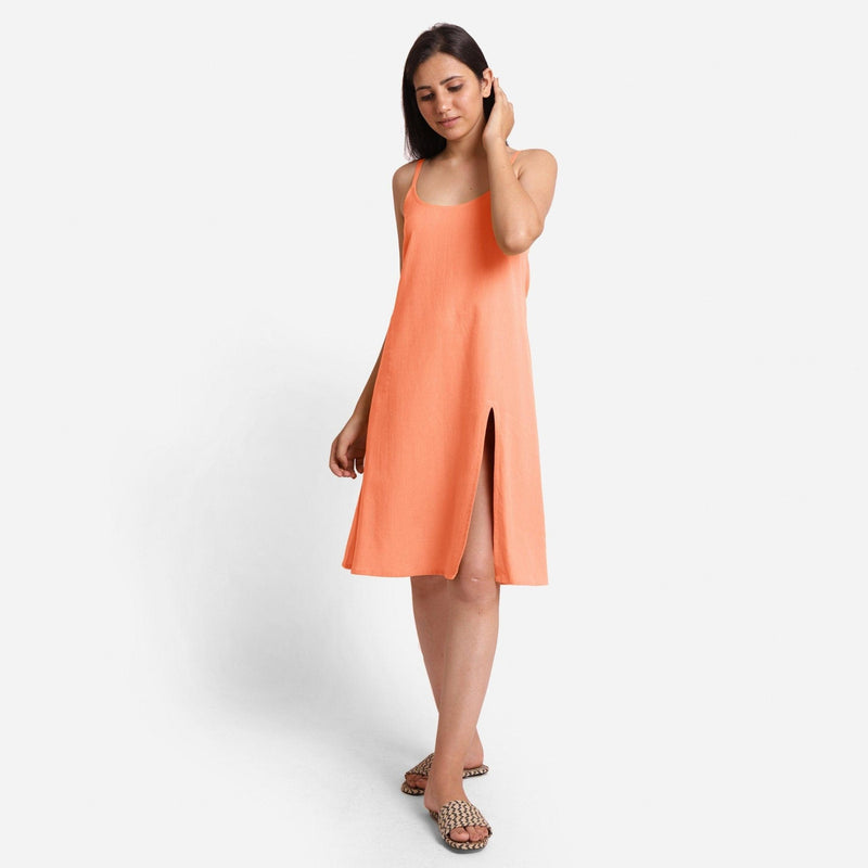 Peach Strappy Cotton Flax Knee Length Slit Dress