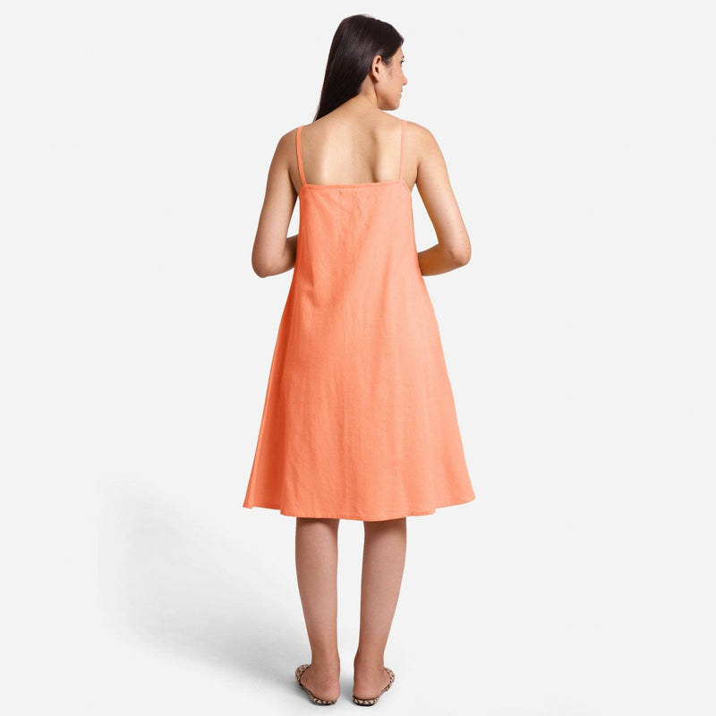 Peach Strappy Cotton Flax Knee Length Slit Dress