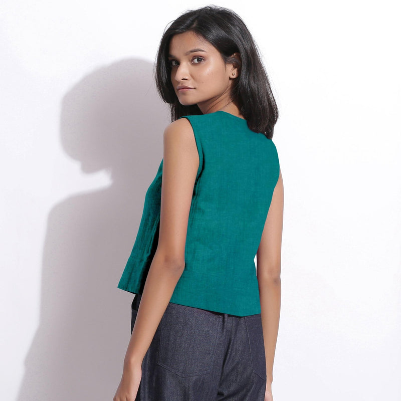 Back View of a Model wearing Pine Green 100% Linen Button-Down Short Top