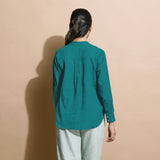 Pine Green 100% Linen Mandarin Collar Button-Down Shirt