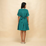 Pine Green 100% Linen V-Neck Knee Length Blouson Dress