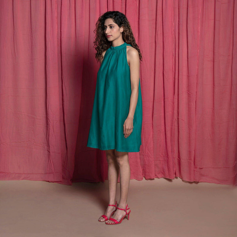 Pine Green Cotton Chanderi Short Tent Dress