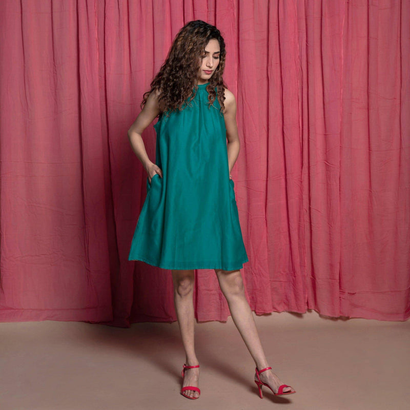 Pine Green Cotton Chanderi Short Tent Dress