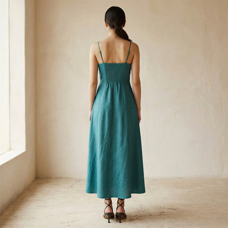 Buy Pine Green Cotton Linen Ankle Length Flared Sundress Online at SeamsFriendly Buy Pine Green Cotton Linen Ankle Length Flared Sundress Online at SeamsFriendly