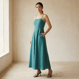 Pine Green Cotton Linen Ankle Length Flared Sundress