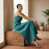 Pine Green Cotton Linen Ankle Length Flared Sundress
