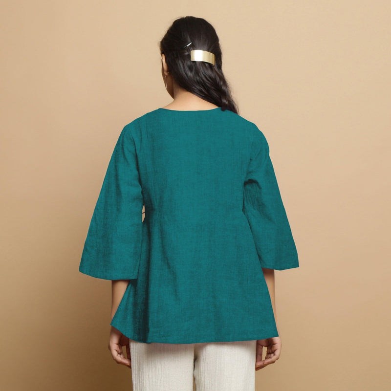 Pine Green Cotton Linen Asymmetrical V-Neck Godet Top