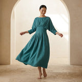 Pine Green Cotton-Linen Cinched Waist Flared Maxi Dress