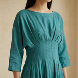 Pine Green Cotton-Linen Cinched Waist Flared Maxi Dress