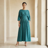 Pine Green Cotton-Linen Cinched Waist Flared Maxi Dress