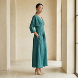 Pine Green Cotton-Linen Cinched Waist Flared Maxi Dress