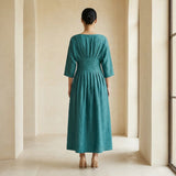 Pine Green Cotton-Linen Cinched Waist Flared Maxi Dress