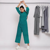 Pine Green Cotton Linen Comfort Fit High Neck Jumpsuit