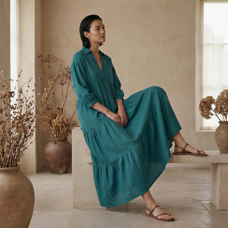 Buy Pine Green Cotton Linen Deep-V Maxi Tier Dress Online at SeamsFriendly