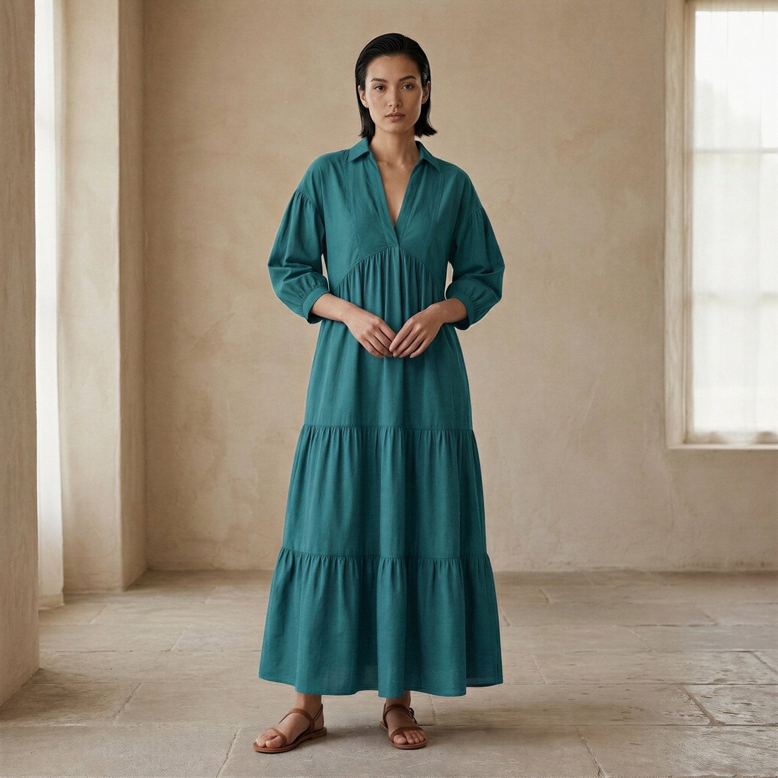 green cotton dress with sleeves Pine Linen Deep-V Maxi Tier 42