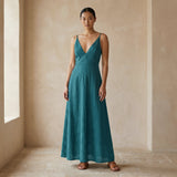 Pine Green Cotton Linen Deep V-Neck Cami Maxi Dress