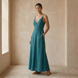 Pine Green Cotton Linen Deep V-Neck Cami Maxi Dress