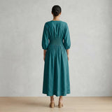 Pine Green Cotton-Linen Deep-V Neck Empire Waist Maxi Dress