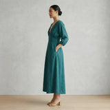 Pine Green Cotton-Linen Deep-V Neck Empire Waist Maxi Dress