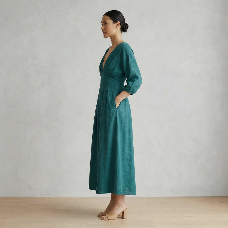 Buy Pine Green Cotton-Linen Deep-V Neck Empire Waist Maxi Dress Online at SeamsFriendly Buy Pine Green Cotton-Linen Deep-V Neck Empire Waist Maxi Dress Online at SeamsFriendly