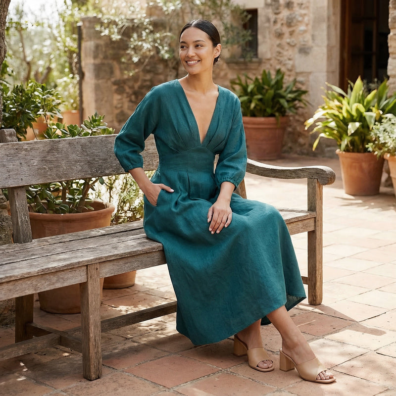 Buy Pine Green Cotton-Linen Deep-V Neck Empire Waist Maxi Dress Online at SeamsFriendly Buy Pine Green Cotton-Linen Deep-V Neck Empire Waist Maxi Dress Online at SeamsFriendly