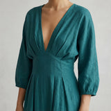 Pine Green Cotton-Linen Deep-V Neck Empire Waist Maxi Dress