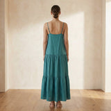 Pine Green Cotton Linen Drop-Waist Camisole Maxi Tier Dress