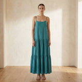 Pine Green Cotton Linen Drop-Waist Camisole Maxi Tier Dress