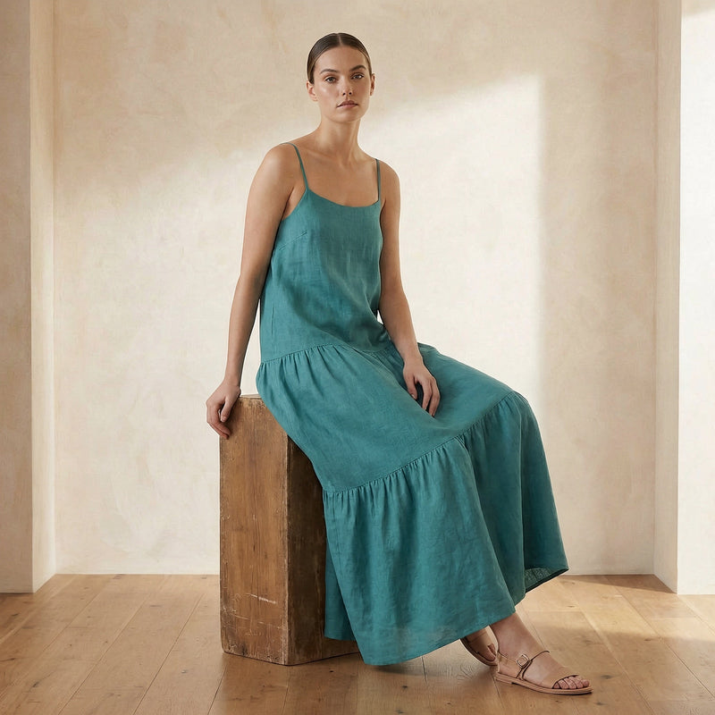 Pine Green Cotton Linen Drop-Waist Camisole Maxi Tier Dress 30