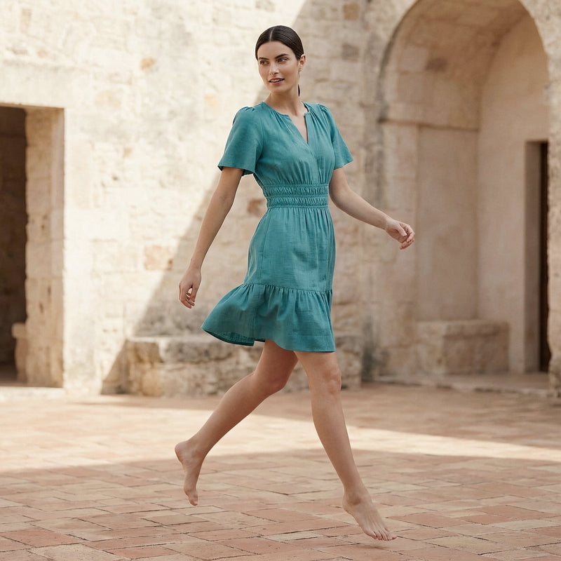 pine green dress Cotton Linen Elasticated Short Tier 40