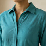 Pine Green Cotton Linen Fit and Flare Button-Down Short Shirt Dress