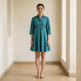 Pine Green Cotton Linen Fit and Flare Button-Down Short Shirt Dress