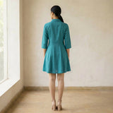 Pine Green Cotton Linen Fit and Flare Button-Down Short Shirt Dress