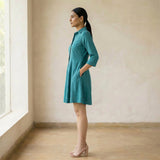 Pine Green Cotton Linen Fit and Flare Button-Down Short Shirt Dress