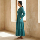 Pine Green Cotton Linen Fit and Flare Maxi Tier Dress
