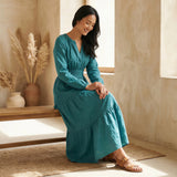Pine Green Cotton Linen Fit and Flare Maxi Tier Dress