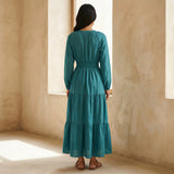 Pine Green Cotton Linen Fit and Flare Maxi Tier Dress